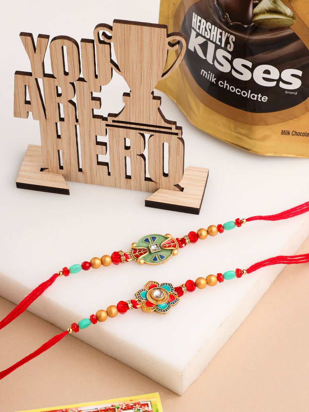 NVR Men Set of 2 Floral Design Red Artificial Stones & Beads Thread Rakhi Combo