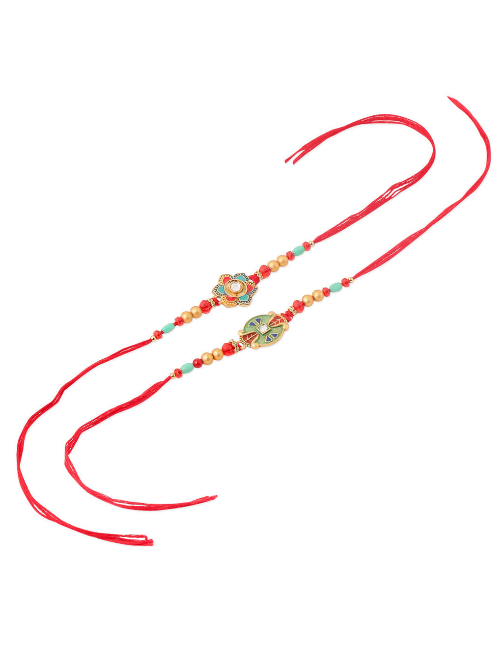 NVR Men Set of 2 Floral Design Red Artificial Stones & Beads Thread Rakhi With Roli Chawal Chandan & Mishri