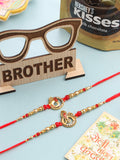 NVR Men Set of 2 Golden Red Religious Designer Ganesh Ji Thread Rakhi Combo