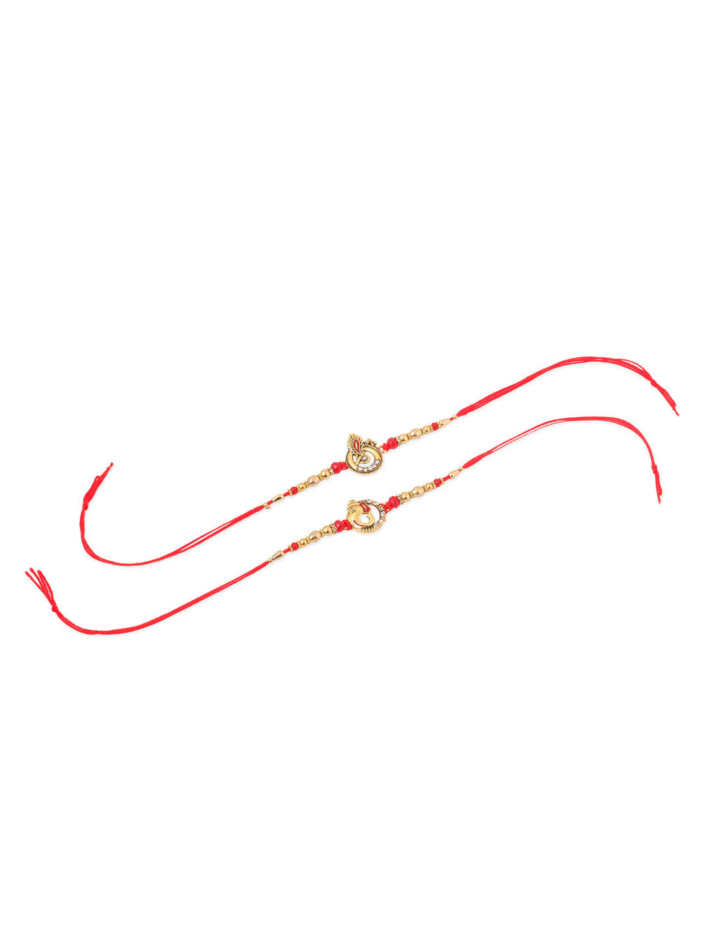 NVR Men Set of 2 Golden Red Religious Designer Ganesh Ji Thread Rakhi With Roli Chawal Chandan & Mishri