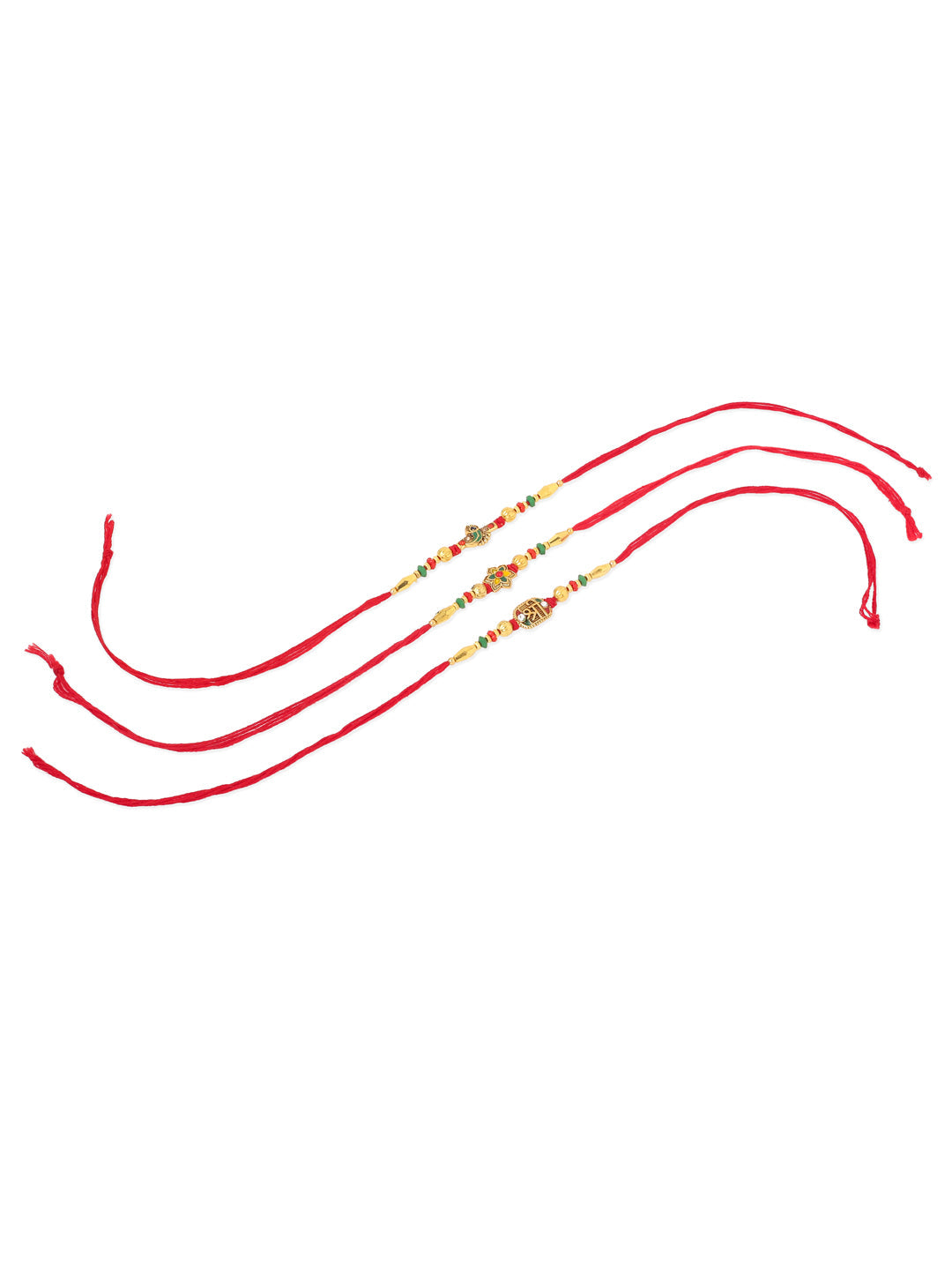NVR Men Set of 3 Red & Gold Floral Design Artificial Stones and Beads Thread Rakhi Combo