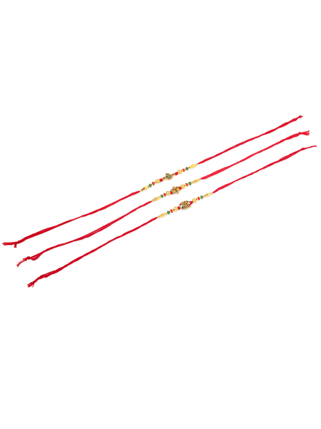 NVR Men Set of 3 Red & Gold Floral Design Artificial Stones and Beads Thread Rakhi With Roli Chawal Chandan & Mishri