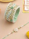 NVR Set of 2 Green Artificial Stones Bhaiya Bhabhi Rakhi With Roli Chawal Chandan & Mishri