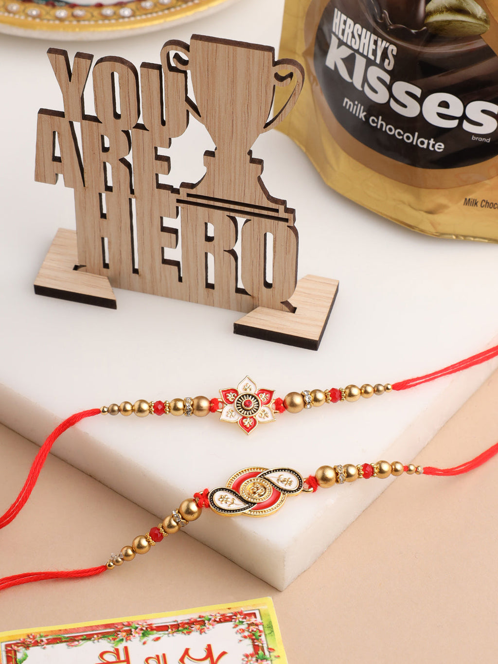 NVR Men Set of 2 Red & Gold Floral Design Artificial Beads Thread Rakhi Combo