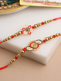 NVR Men Set of 2 Red & Gold Floral Design Artificial Beads Thread Rakhi With Roli Chawal Chandan & Mishri