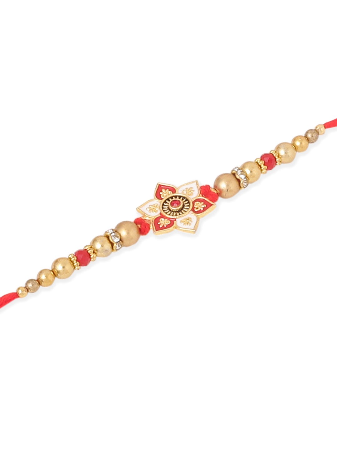 NVR Men Set of 2 Red & Gold Floral Design Artificial Beads Thread Rakhi With Roli Chawal Chandan & Mishri