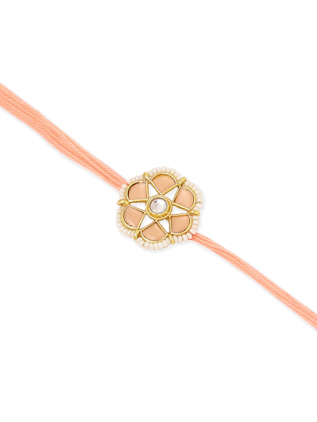 NVR Set of 2 Peach Color Artificial Stones & Pearls Bhaiya Bhabhi Rakhi Combo