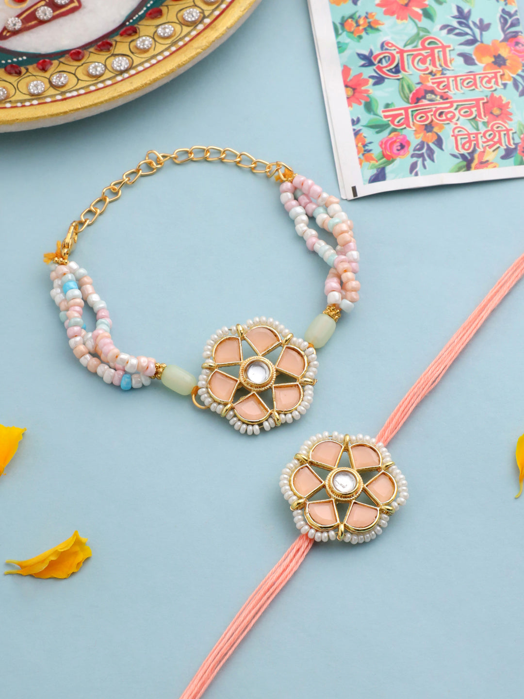 NVR Set of 2 Peach Color Artificial Stones & Pearls Bhaiya Bhabhi Rakhi With Roli Chawal Chandan & Mishri