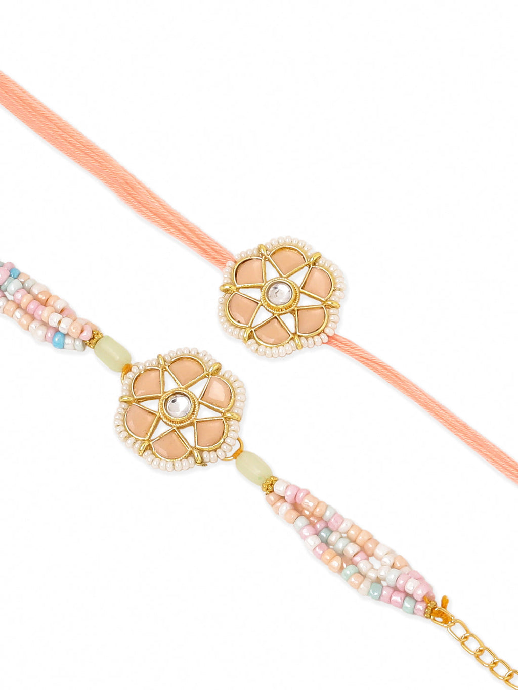 NVR Set of 2 Peach Color Artificial Stones & Pearls Bhaiya Bhabhi Rakhi With Roli Chawal Chandan & Mishri