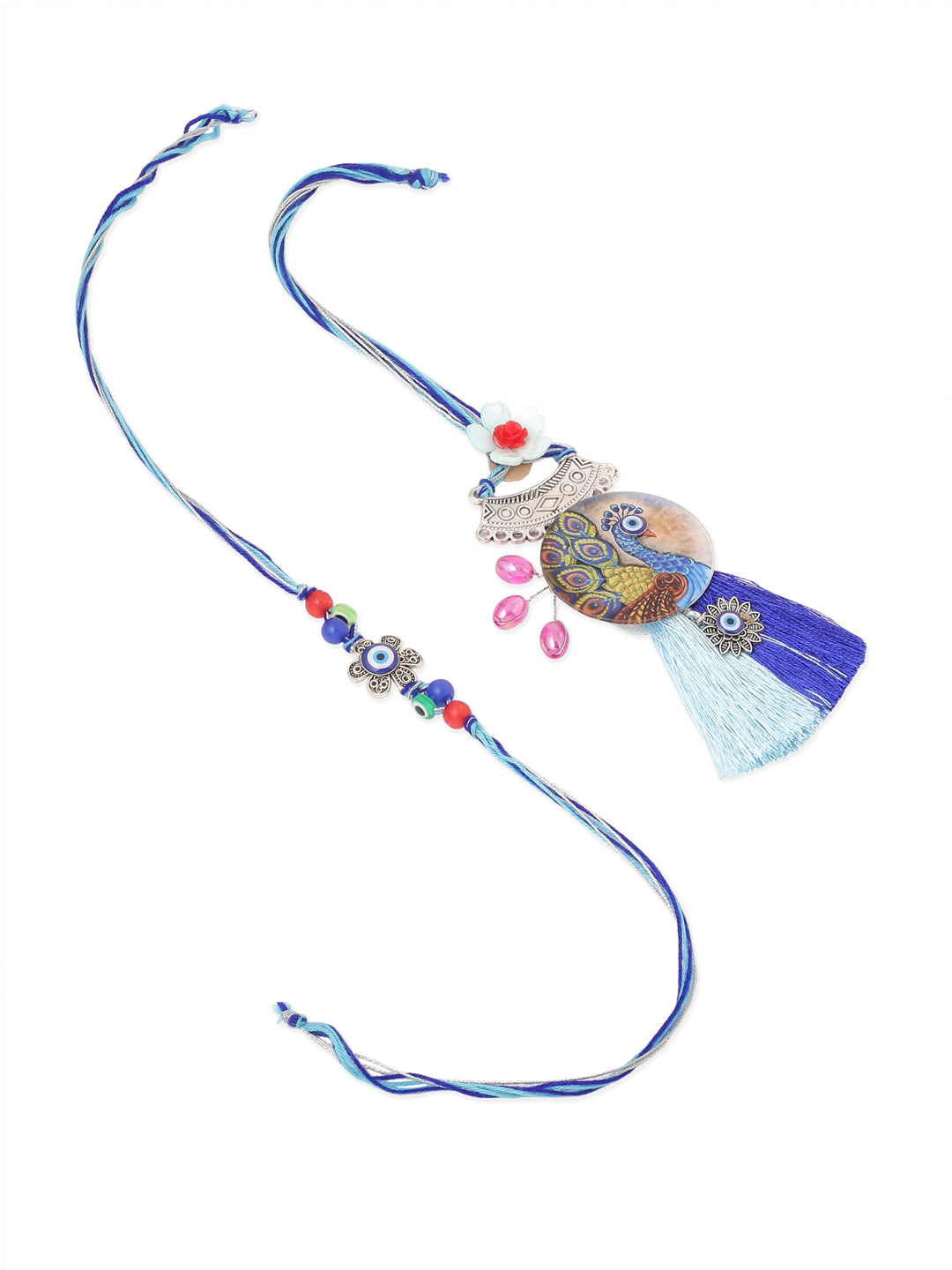 NVR Set of 2 Blue Evil Eye & Peacock Design Artificial Beads Bhaiya Bhabhi Rakhi Combo