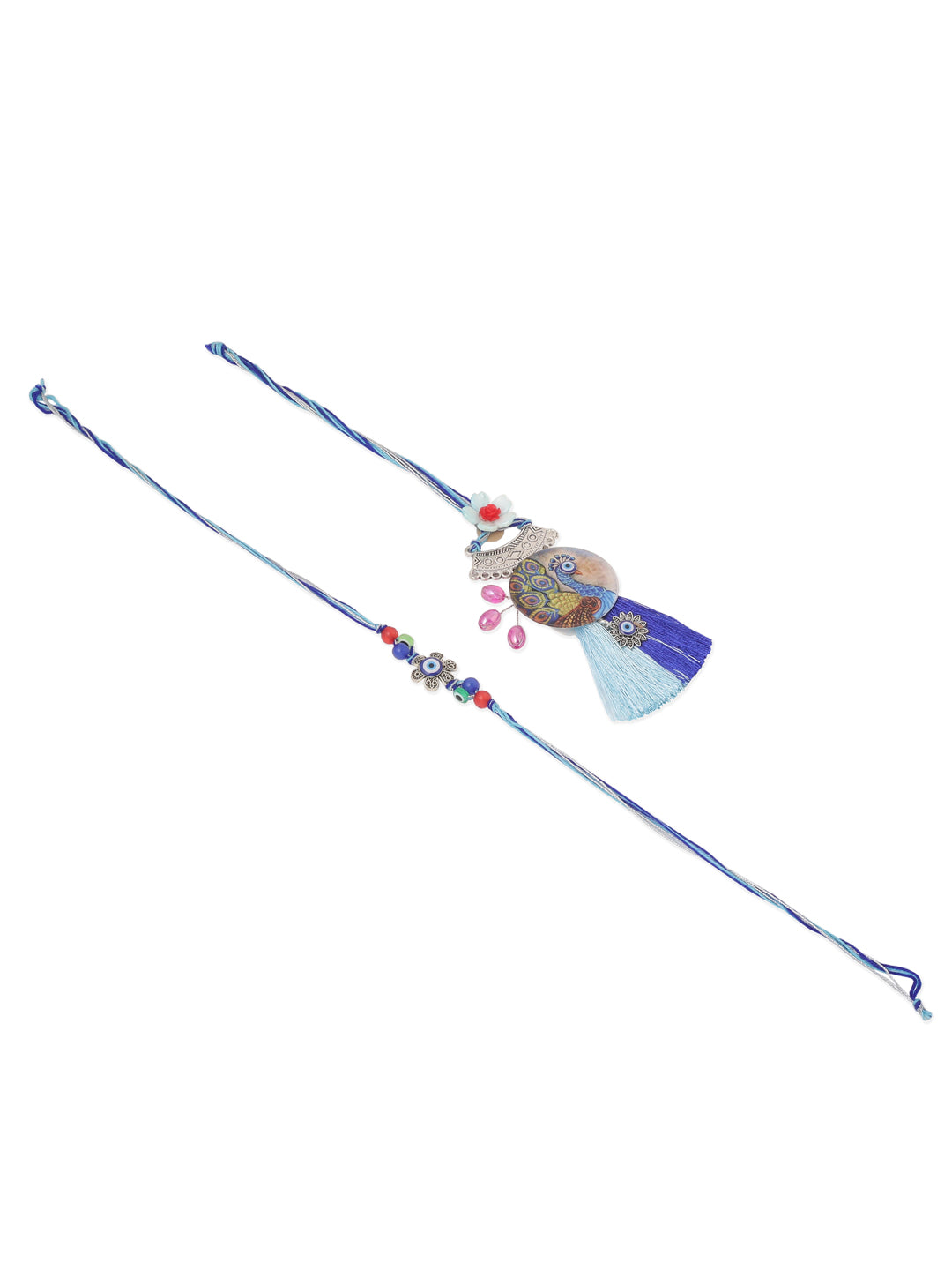 NVR Set of 2 Blue Evil Eye & Peacock Design Artificial Beads Bhaiya Bhabhi Rakhi With Roli Chawal Chandan & Mishri