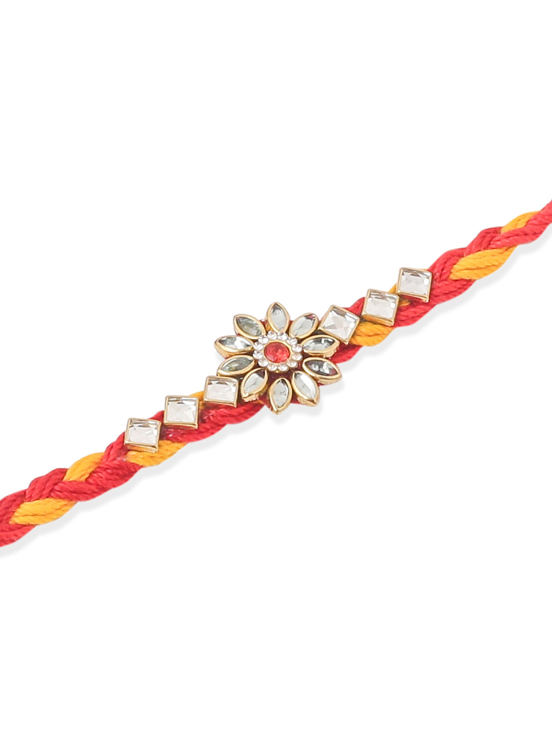 NVR Men Set of 3 Red & Yellow Kundan Studded Floral Design Thread Rakhi Combo