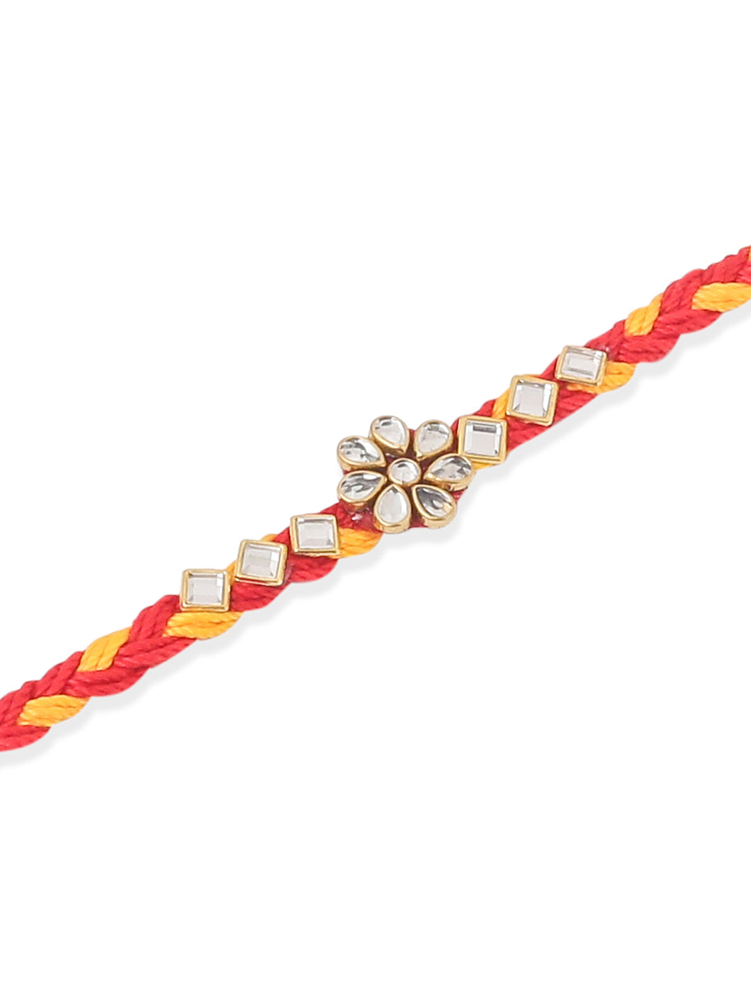 NVR Men Set of 3 Red & Yellow Kundan Studded Floral Design Thread Rakhi with Roli Chawal Chandan & Mishri