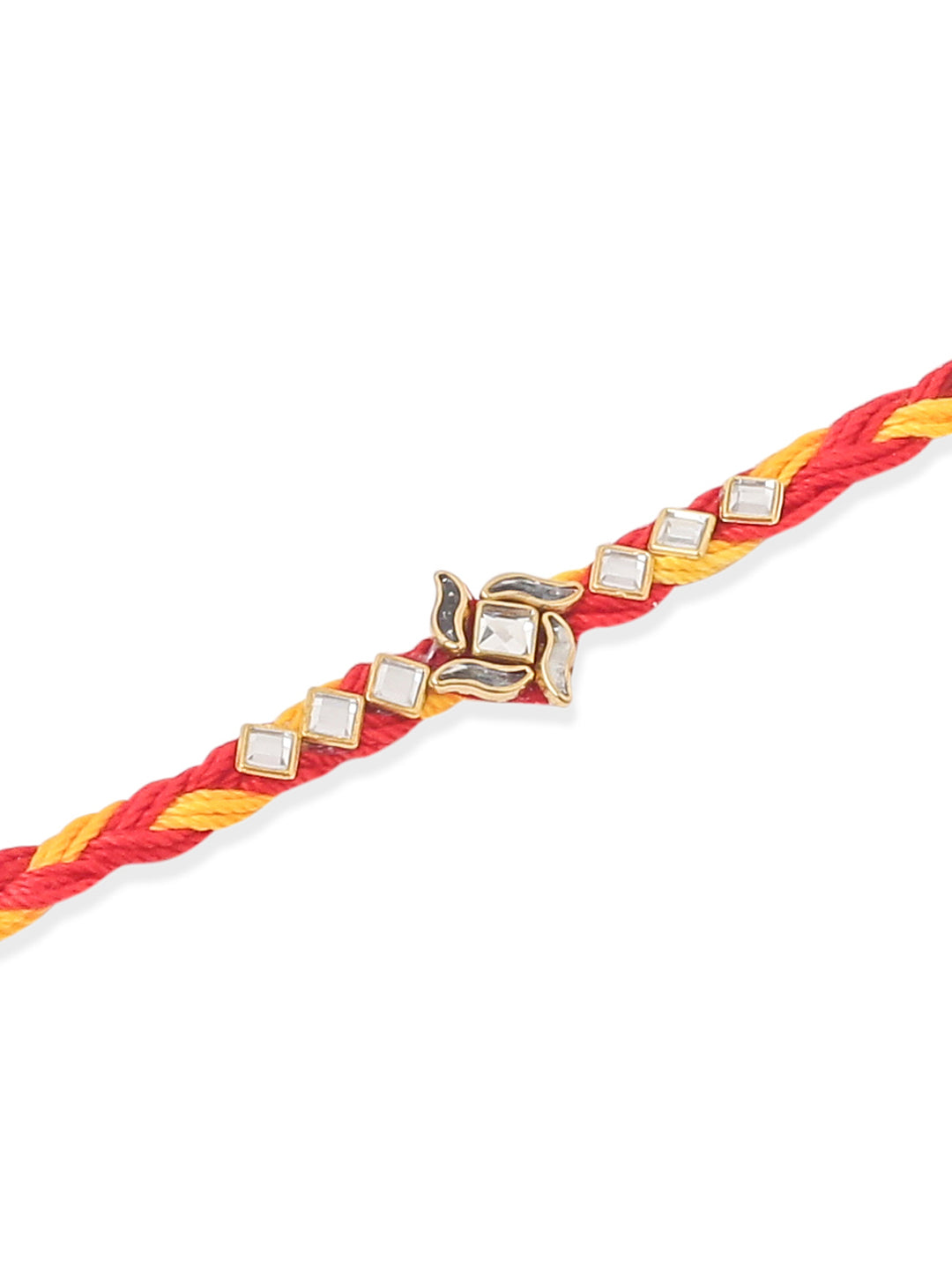 NVR Men Set of 3 Red & Yellow Kundan Studded Floral Design Thread Rakhi with Roli Chawal Chandan & Mishri