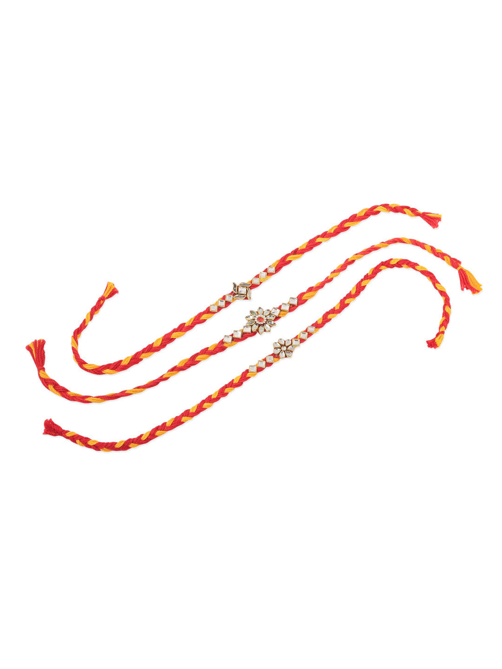 NVR Men Set of 3 Red & Yellow Kundan Studded Floral Design Thread Rakhi with Roli Chawal Chandan & Mishri