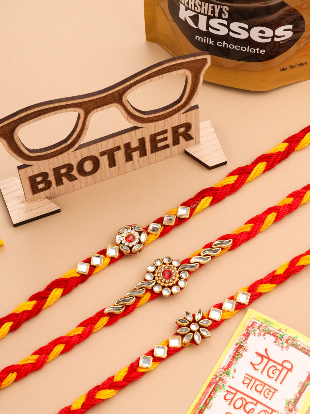 NVR Men Set of 3 Red & Yellow Kundan Studded Floral Design Thread Rakhi Combo