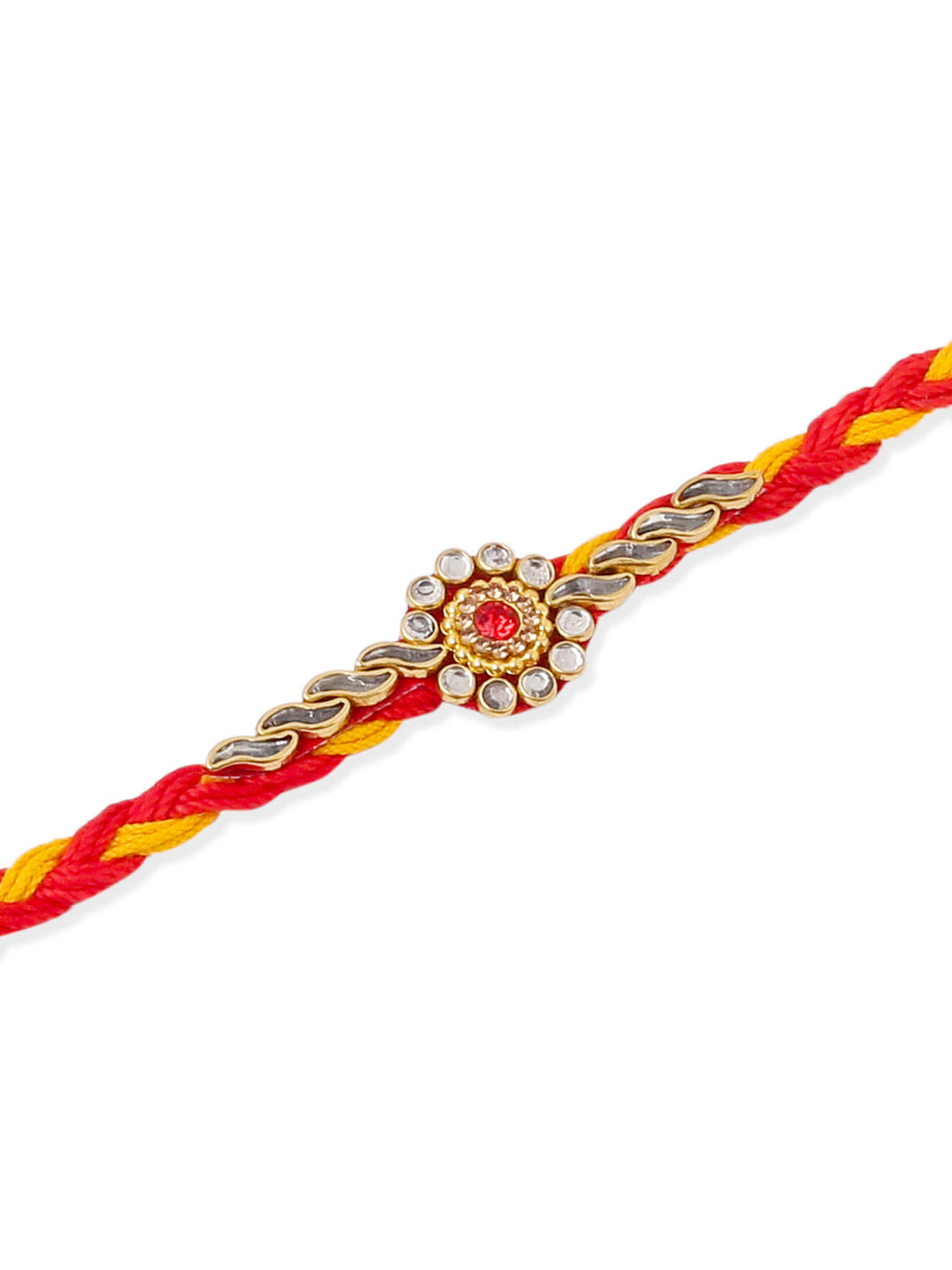 NVR Men Set of 3 Red & Yellow Kundan Studded Floral Design Thread Rakhi Combo