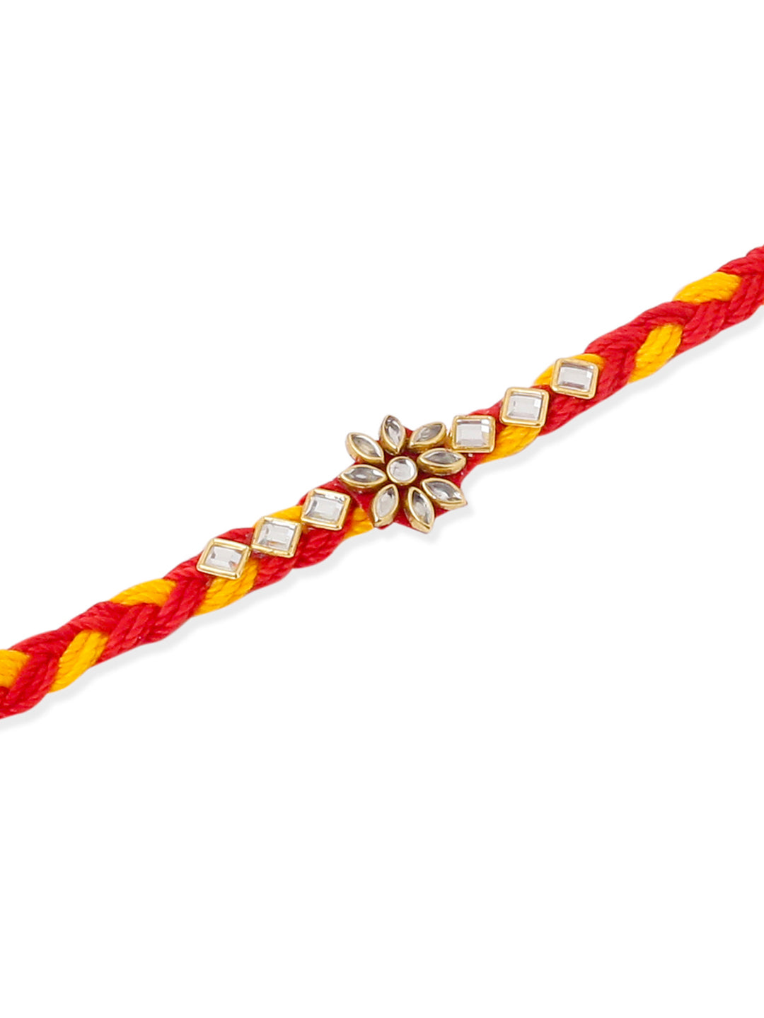 NVR Men Set of 3 Red & Yellow Kundan Studded Floral Design Thread Rakhi with Roli Chawal Chandan & Mishri