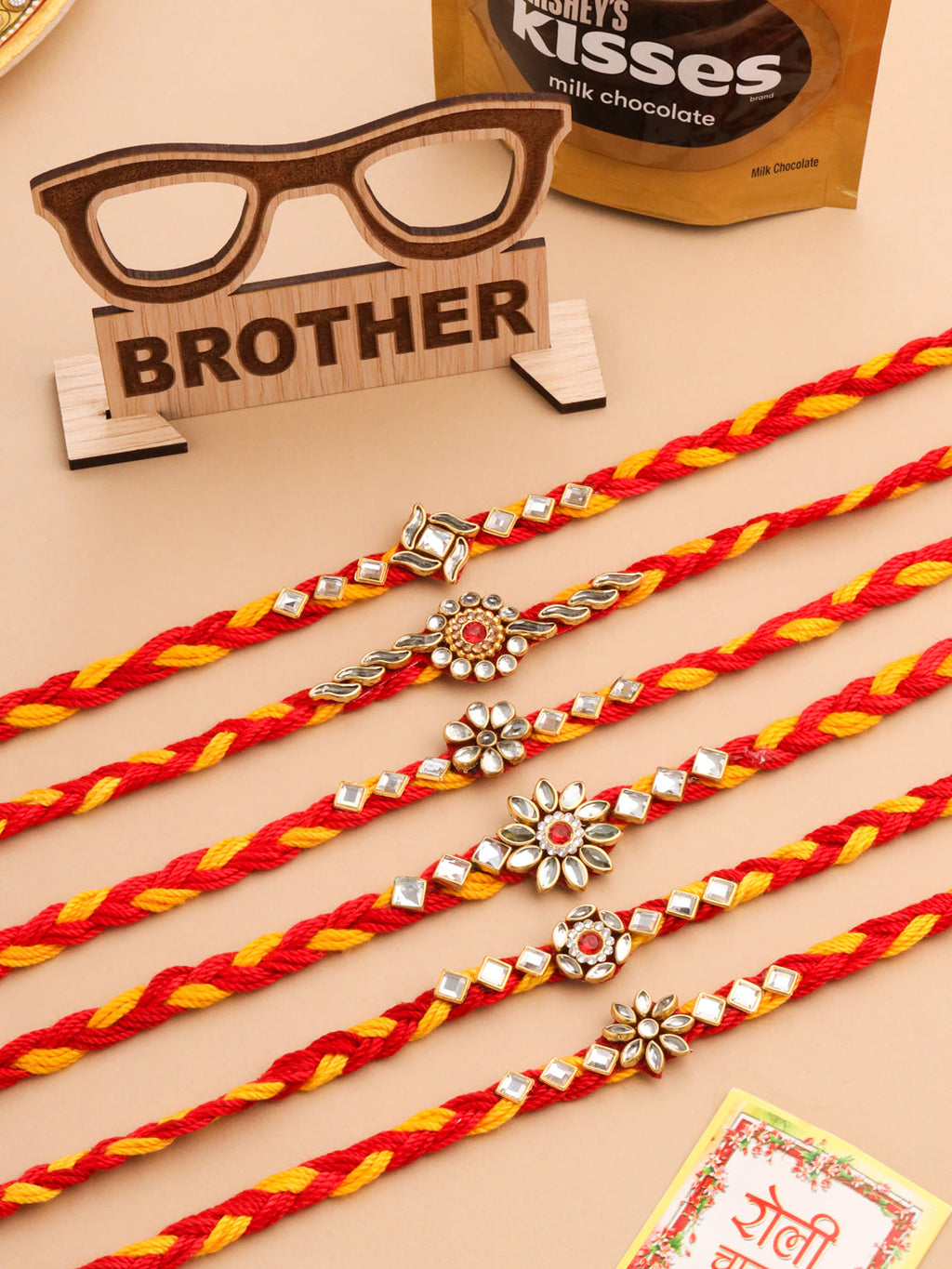 NVR Men Set of 6 Red & Yellow Kundan Studded Floral Design Thread Rakhi Combo