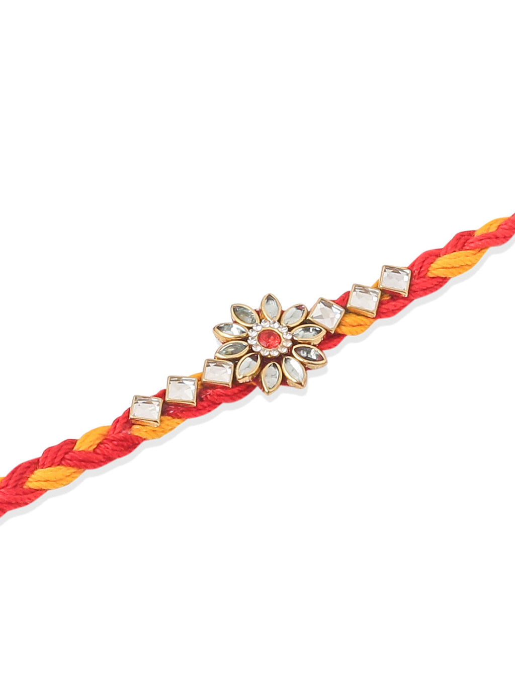 NVR Men Set of 6 Red & Yellow Kundan Studded Floral Design Thread Rakhi Combo