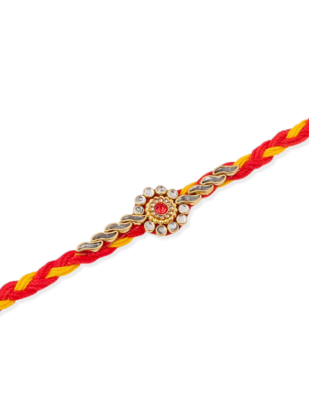 NVR Men Set of 6 Red & Yellow Kundan Studded Floral Design Thread Rakhi Combo