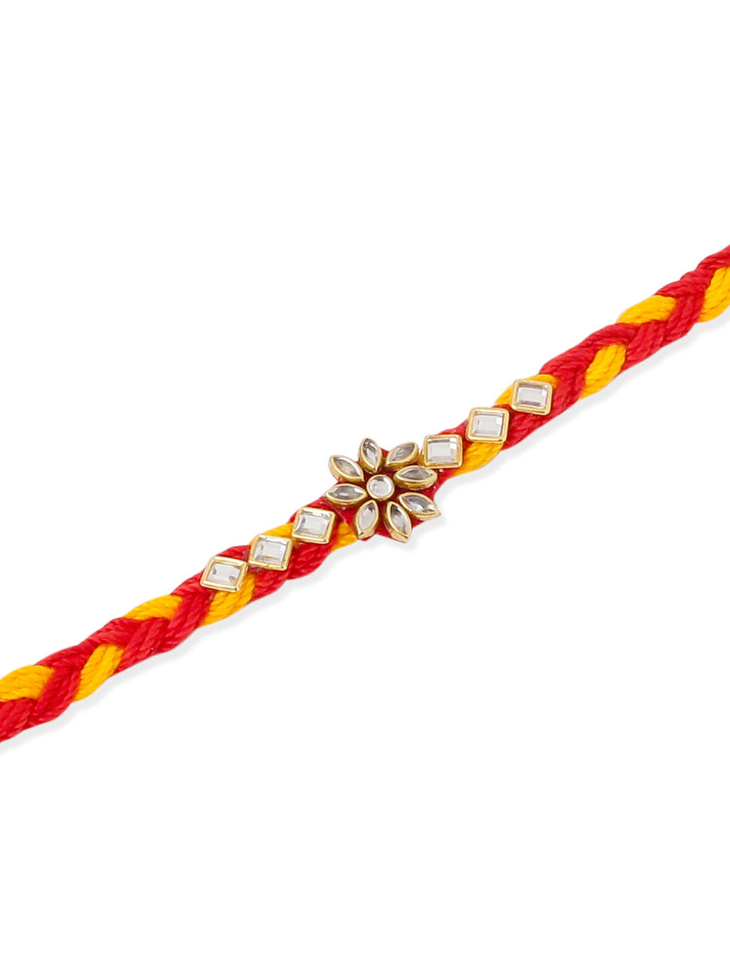 NVR Men Set of 6 Red & Yellow Kundan Studded Floral Design Thread Rakhi Combo