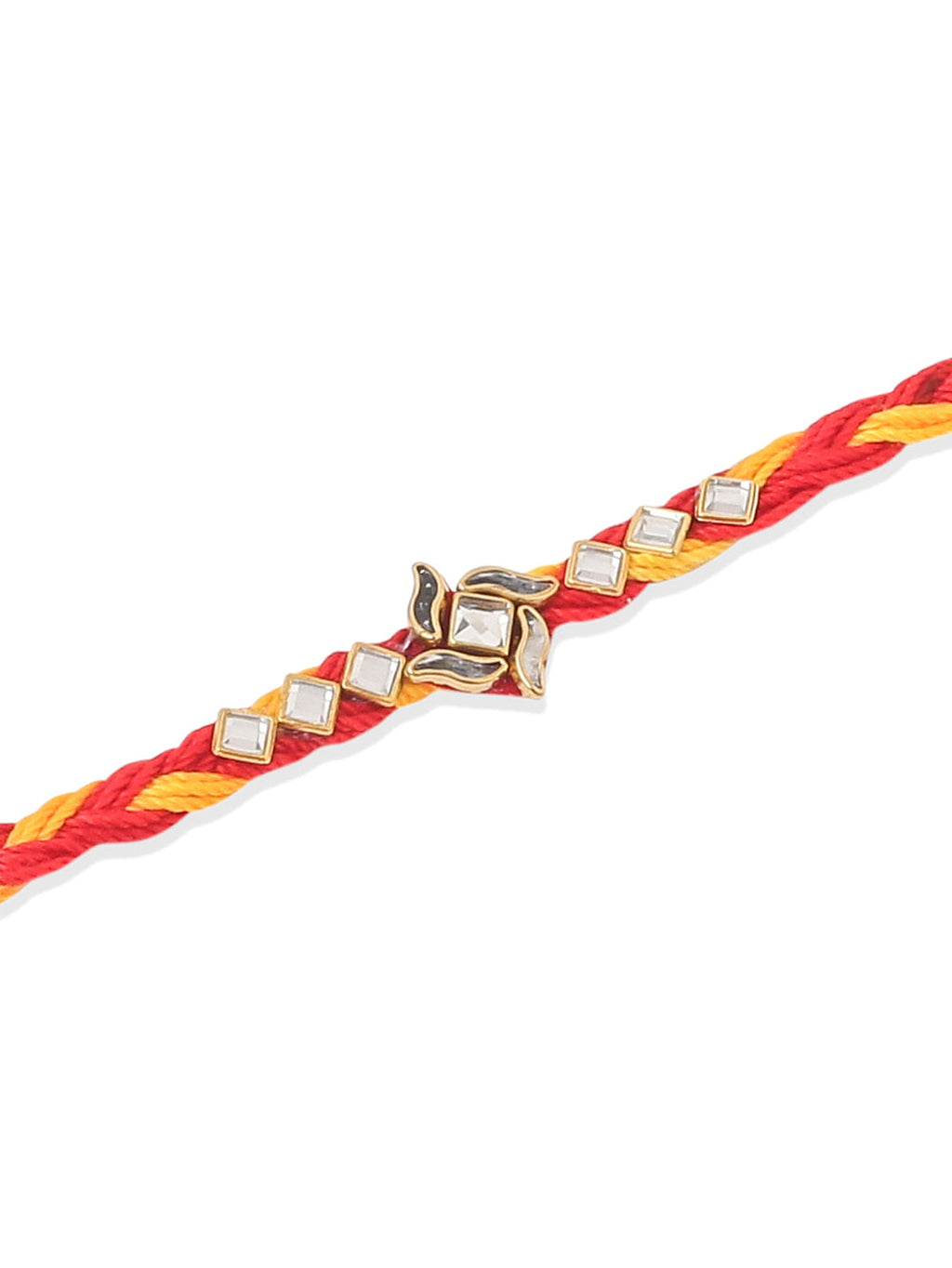 NVR Men Set of 6 Red & Yellow Kundan Studded Floral Design Thread Rakhi with Roli Chawal Chandan & Mishri