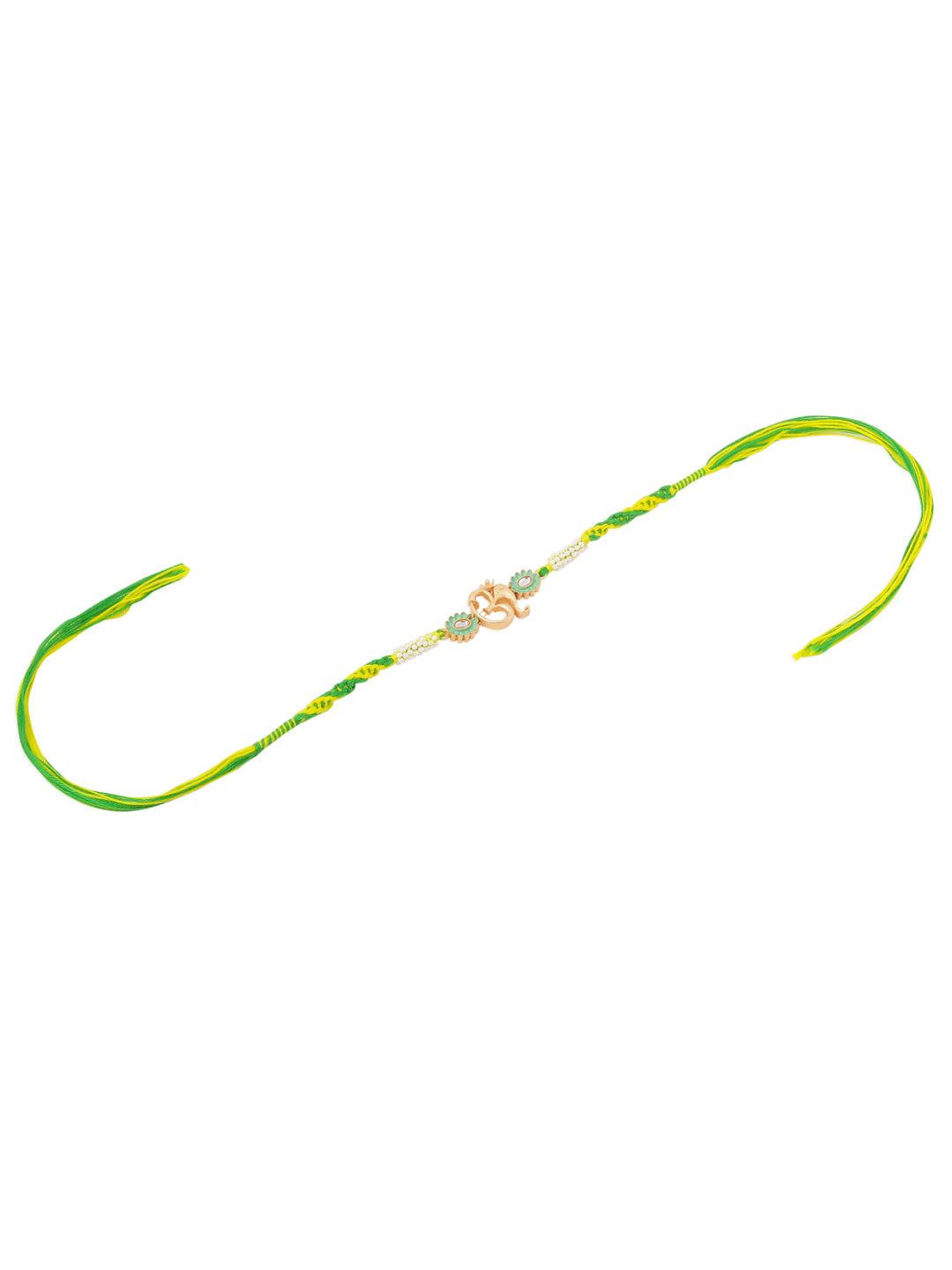 NVR Men Green Kundan Studded Om Design Thread Rakhi with Roli Chawal Chandan & Mishri