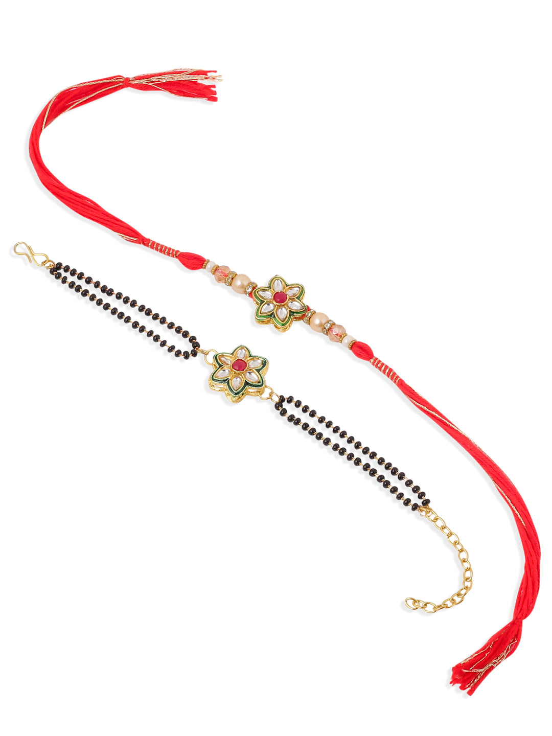 NVR Set of 2 Gold Toned Kundan Studded Floral Shape Bhaiya Bhabhi Rakhi Combo