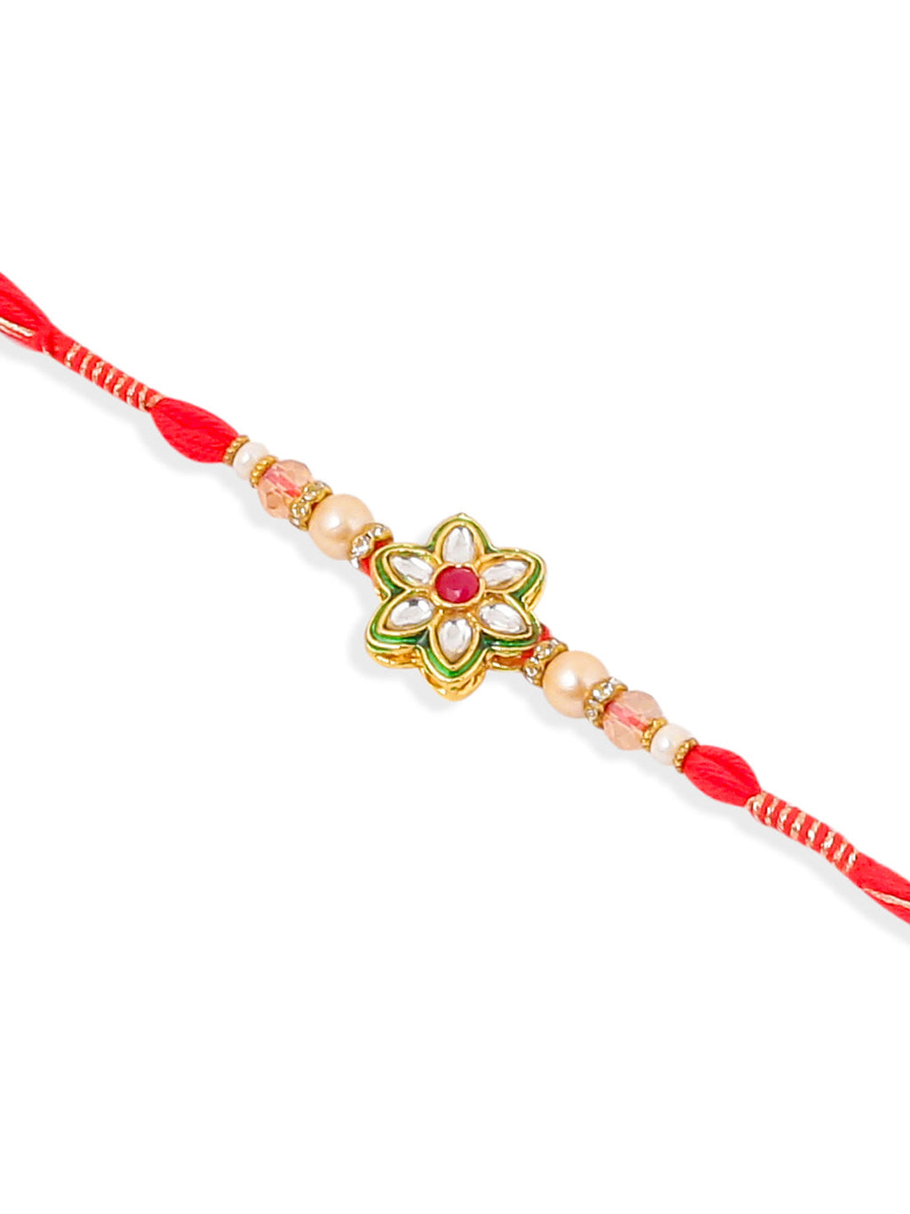 NVR Set of 2 Gold Toned Kundan Studded Floral Shape Bhaiya Bhabhi Rakhi Combo