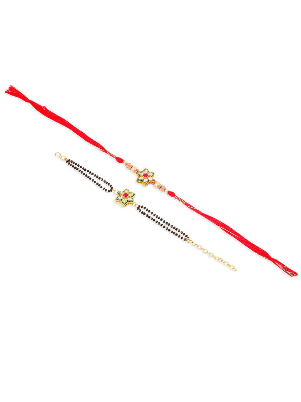 NVR Set of 2 Gold Toned Kundan Studded Floral Shape Bhaiya Bhabhi Rakhi Combo