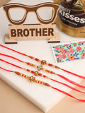 NVR Men Set of 4 Red Artificial Stones & Beads Floral Shape Thread Rakhi Combo