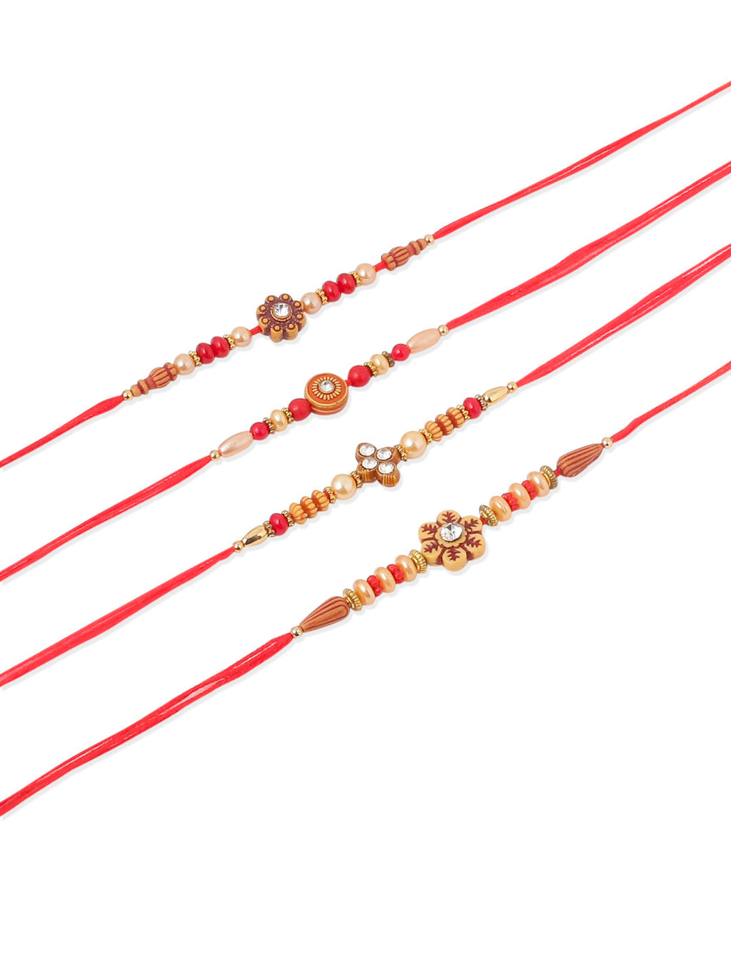 NVR Men Set of 4 Red Artificial Stones & Beads Floral Shape Thread Rakhi with Roli Chawal Chandan & Mishri