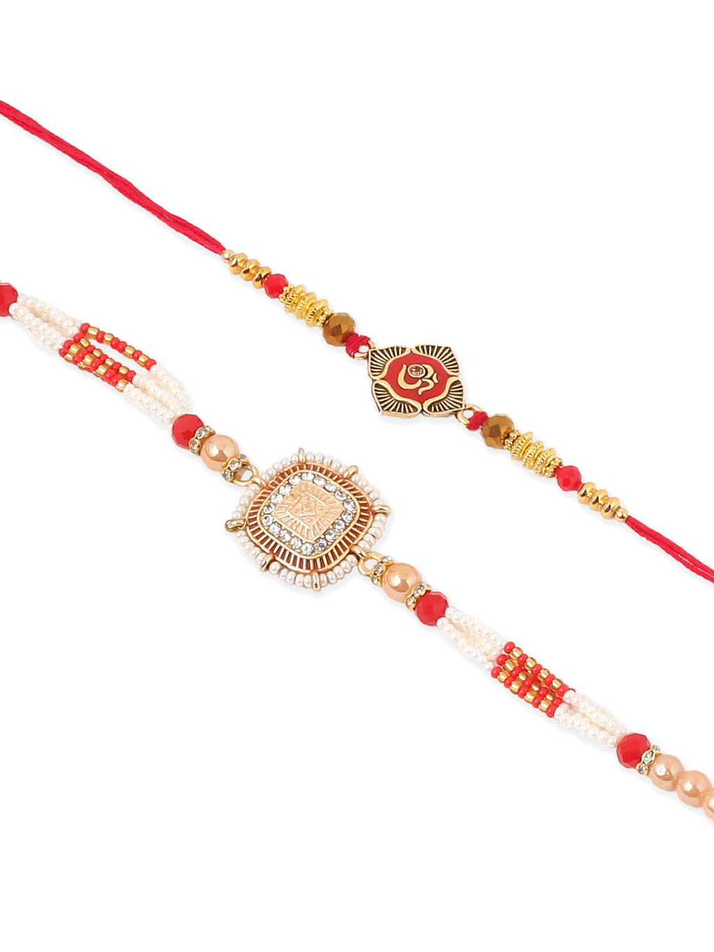 NVR Set of 2 Gold Toned Artificial Stones & Beads Om Design Bhaiya Bhabhi Rakhi Combo
