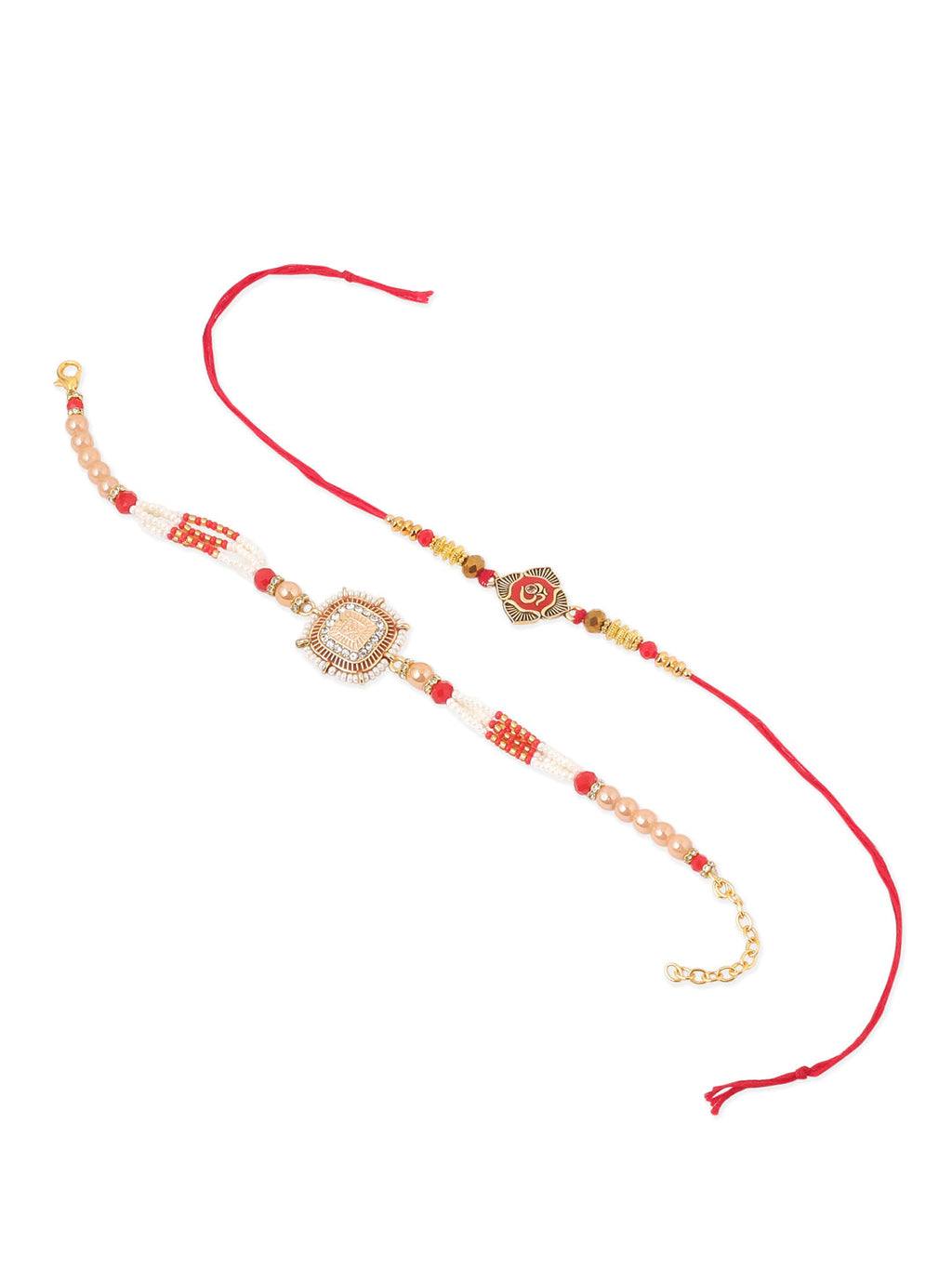 NVR Set of 2 Gold Toned Artificial Stones & Beads Om Design Bhaiya Bhabhi Rakhi Combo