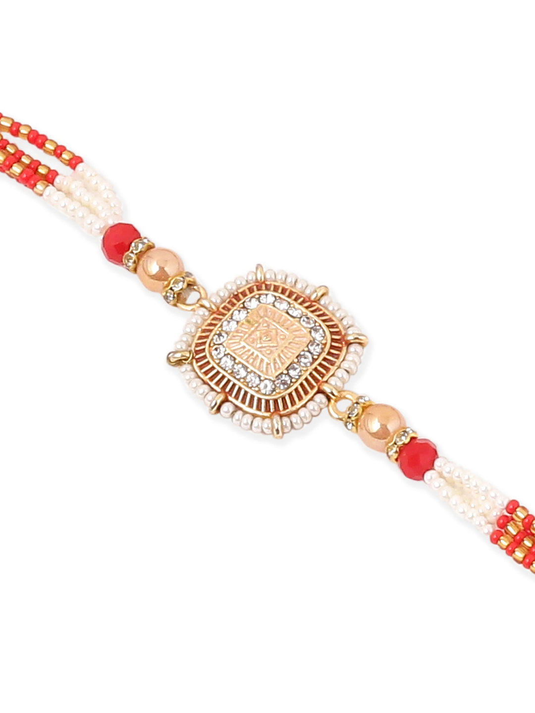 NVR Set of 2 Gold Toned Artificial Stones & Beads Om Design Bhaiya Bhabhi Rakhi with Roli Chawal Chandan & Mishri