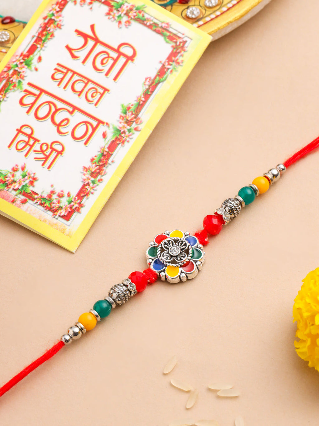 NVR Men Multicolor Artificial Stones & Beads Floral Design Thread Rakhi with Roli Chawal Chandan & Mishri