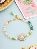 NVR Women Green Artificial Stones & Beads Floral Wraparound Rakhi with Roli Chawal Chandan & Mishri