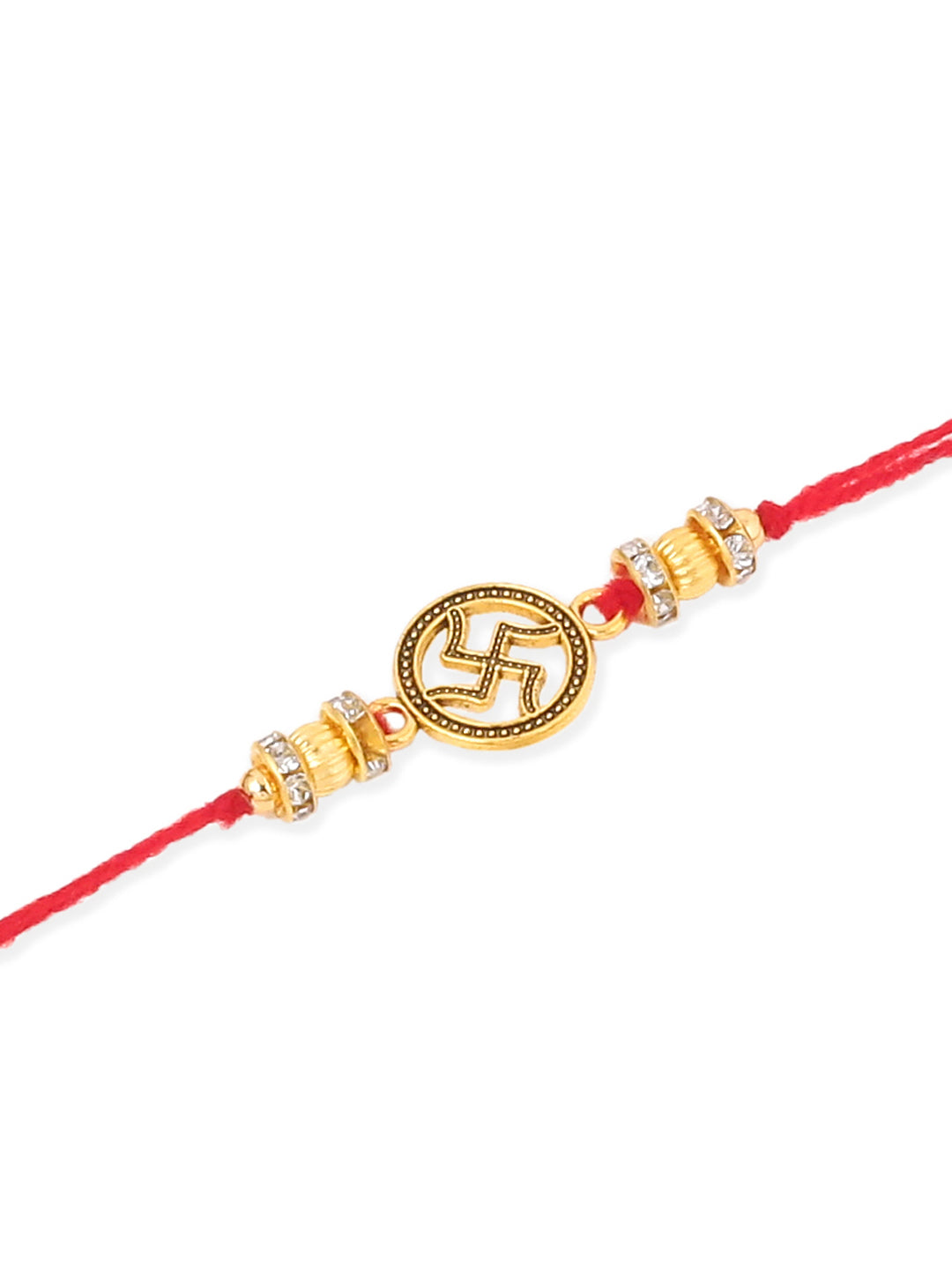 NVR Men Set of 4 Gold Toned Artificial Stones Swastik Design Thread Rakhi with Roli Chawal Chandan & Mishri
