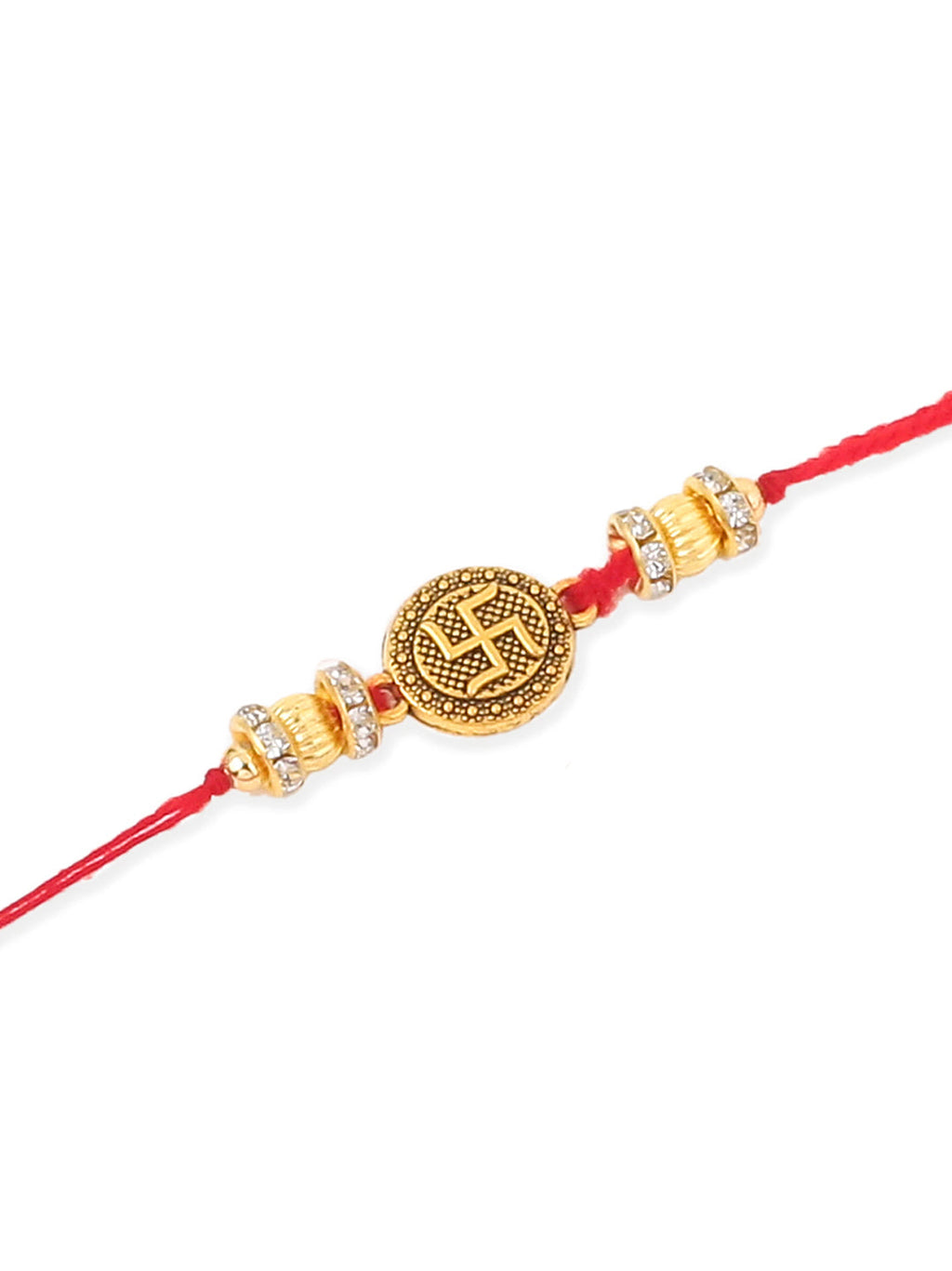 NVR Men Set of 4 Gold Toned Artificial Stones Swastik Design Thread Rakhi with Roli Chawal Chandan & Mishri