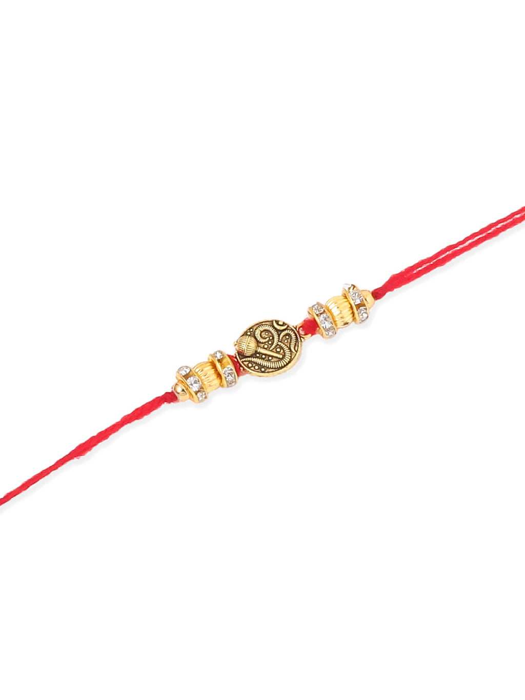 NVR Men Set of 4 Gold Toned Artificial Stones Swastik Design Thread Rakhi with Roli Chawal Chandan & Mishri