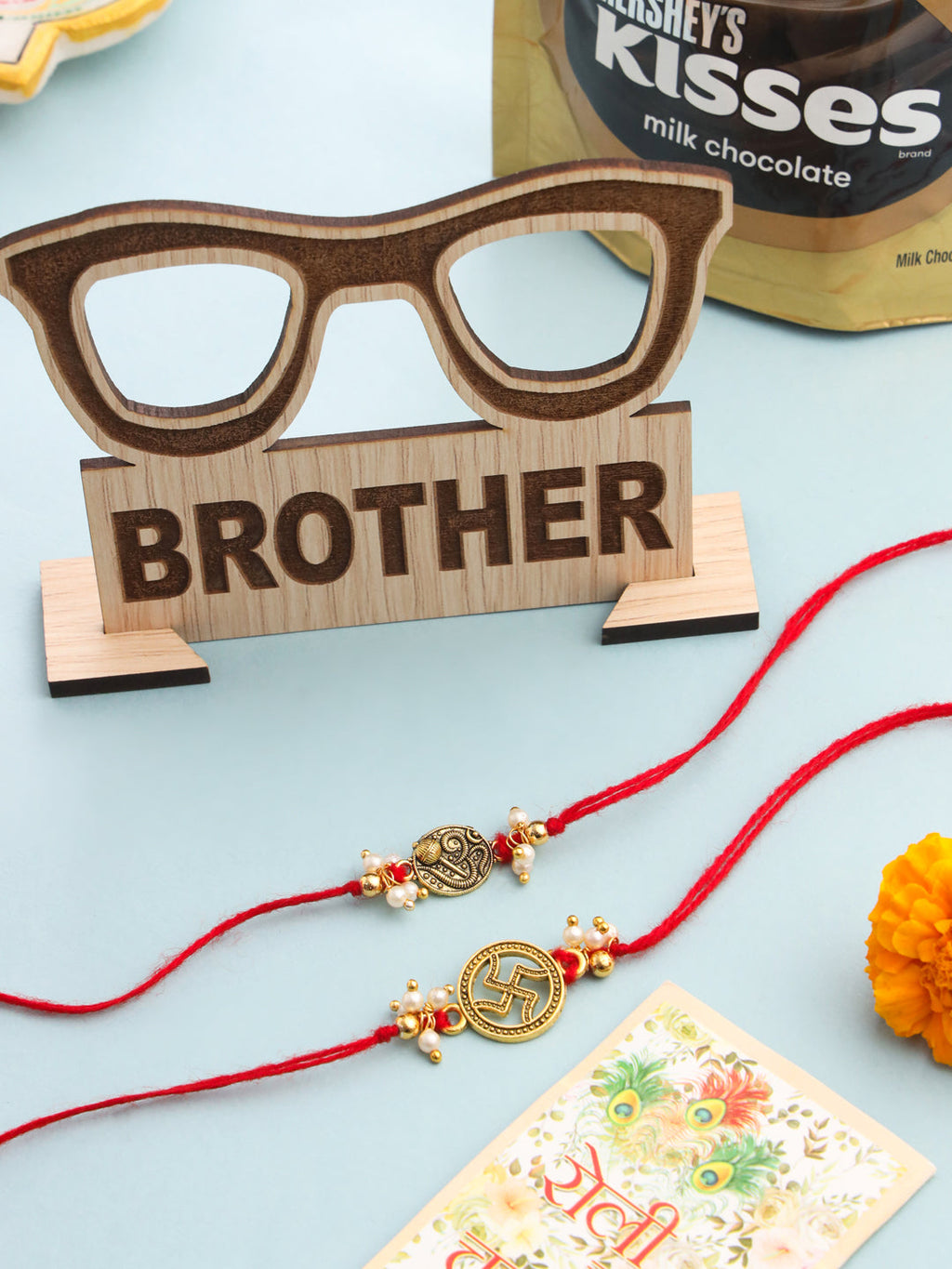 NVR Men Set of 2 Gold Toned Pearls Swastik Desgin Thread Rakhi, Combo for Rakshabandhan
