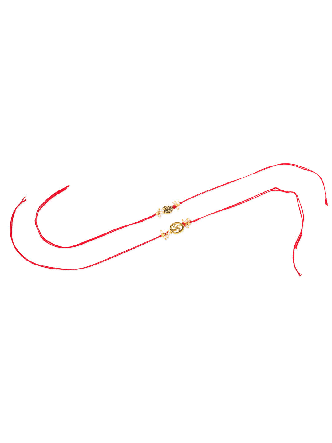 NVR Men Set of 2 Gold Toned Pearls Swastik Desgin Thread Rakhi with Roli Chawal Chandan & Mishri