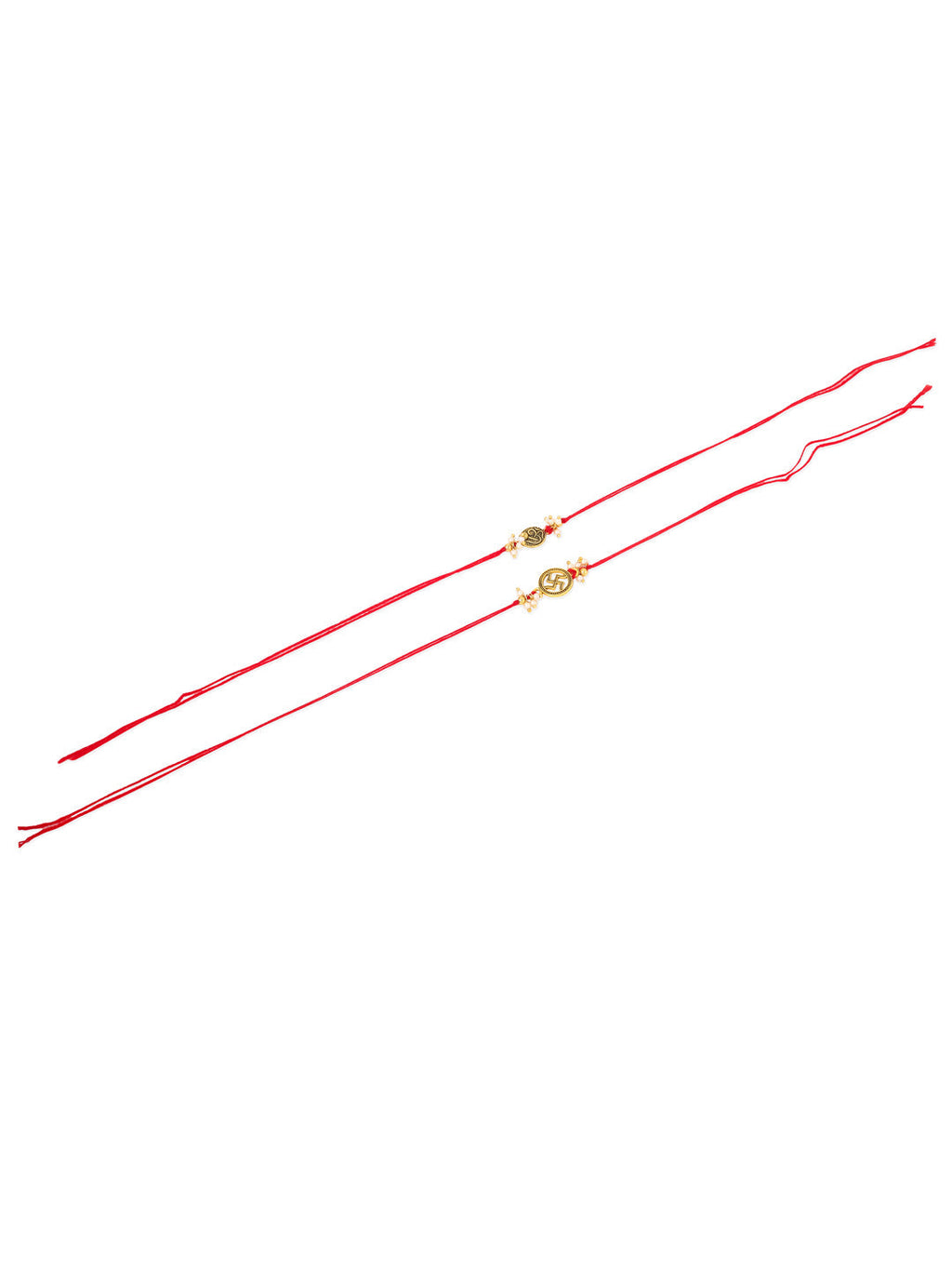 NVR Men Set of 2 Gold Toned Pearls Swastik Desgin Thread Rakhi with Roli Chawal Chandan & Mishri