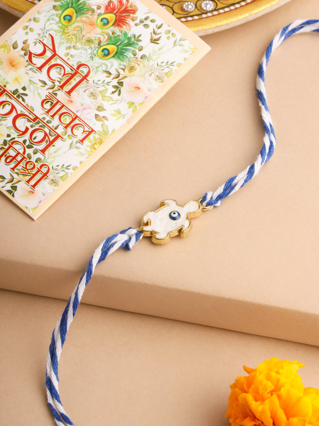 NVR Men Blue Evil Eye Thread Rakhi with Roli Chawal Chandan & Mishri