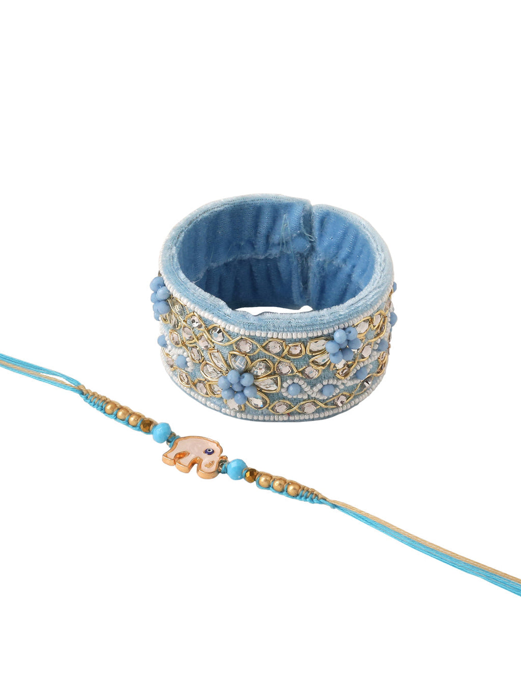 NVR Set of 2 Blue Artificial Stones & Beads Floral Bhaiya Bhabhi Rakhi Combo