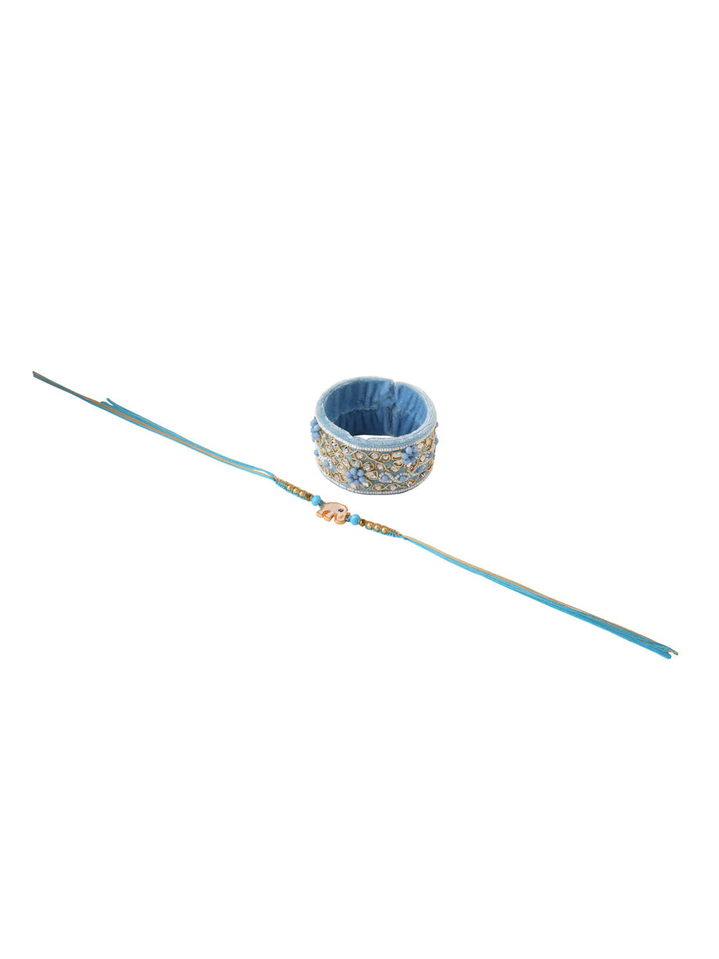 NVR Set of 2 Blue Artificial Stones & Beads Floral Bhaiya Bhabhi Rakhi Combo