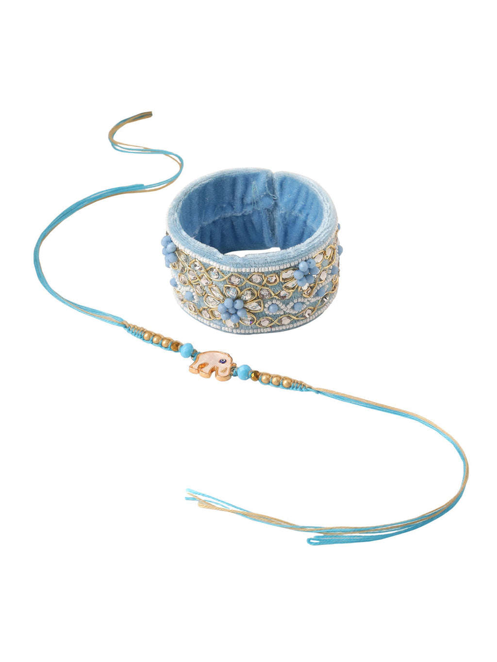 NVR Set of 2 Blue Artificial Stones & Beads Floral Bhaiya Bhabhi Rakhi with Roli Chawal Chandan & Mishri