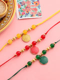 NVR Men Set of 3 Multicolor Artificial Beads Thread Rakhi with Roli Chawal Chandan & Mishri