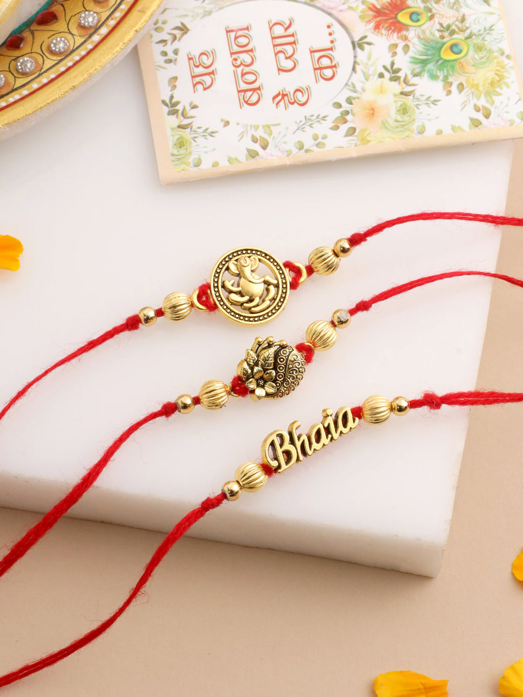 NVR Men Set of 3 Gold Toned Thread Rakhi with Roli Chawal Chandan & Mishri